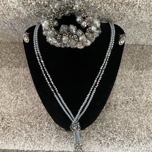 Crystal 20" long necklace + VNTG  crystal earrings + Chrystal Sterling Bracelet